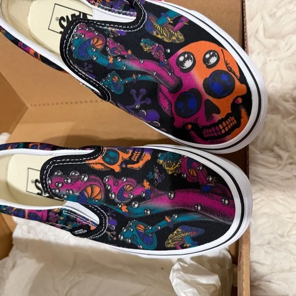 Vans Slip-On Sneakers - Black with Colorful Skull Design - Picture 2 of 3